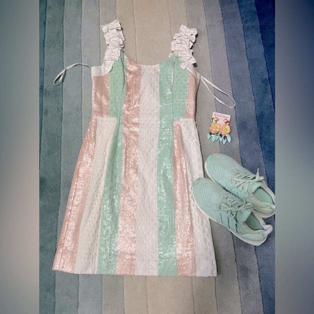 Lilly Pulitzer Duffy Dress Sample Bows Sequin Lace Size 6 Pink Green